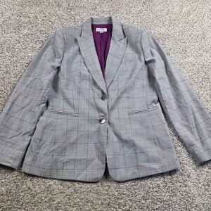 TAHARI Blazer Women’s 14 Gray Purple Single Plaid Breast Lined Career Work